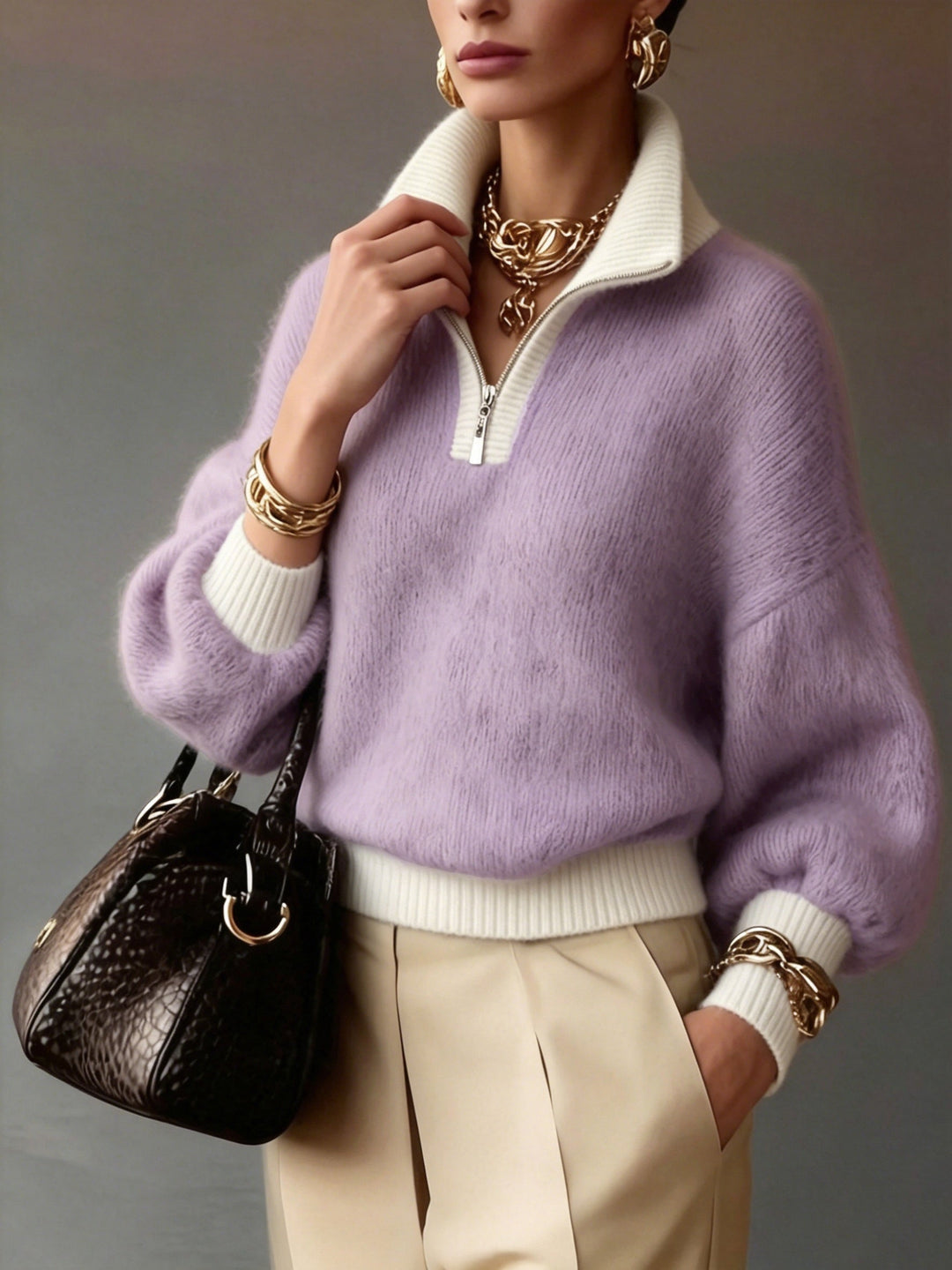 Thyra | Women Relaxed Half Zip Sweater