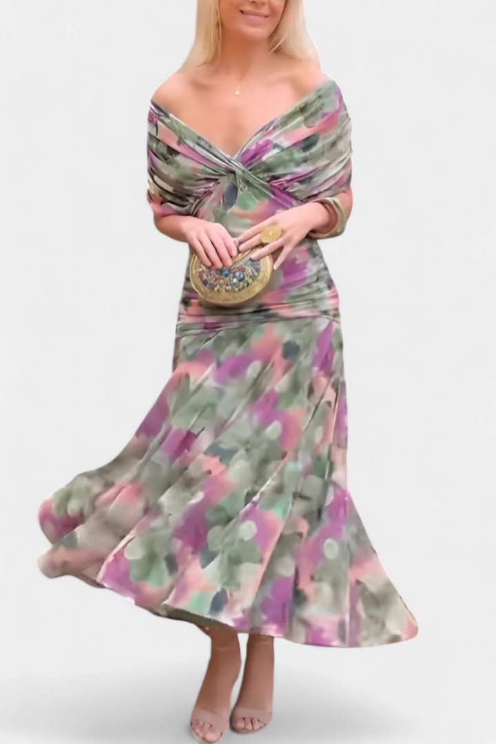 Elowen | Women's Floral Off Shoulder Ruched Cocktail Maxi Dress