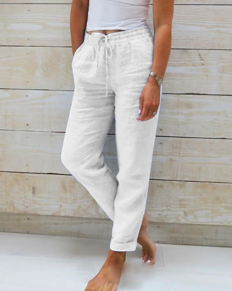 Eden | Women's Linen Straight Leg Drawstring Casual Pockets Pants