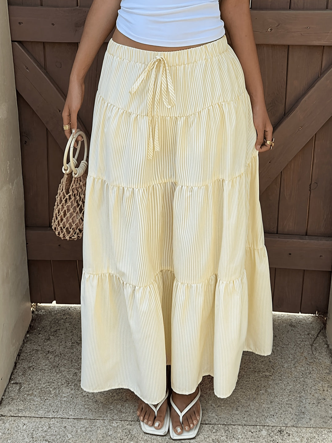 Yellow Skirts Tiered Stripe Drawstring Waist Maxi