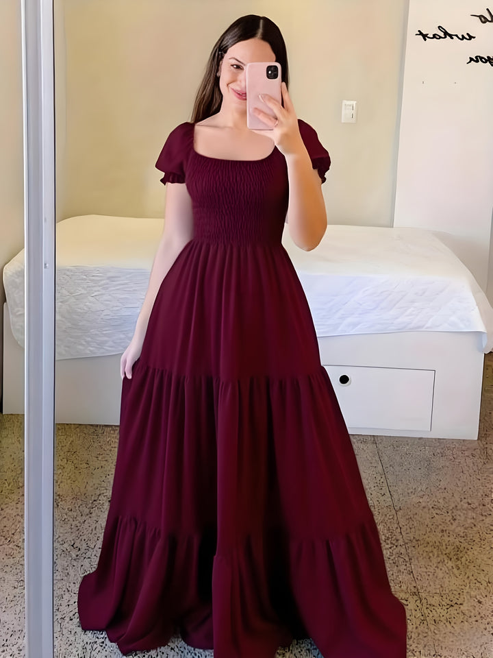 Pilar | Women's Square Neck Short Sleeve Tiered Casual Maxi Smocked Dress