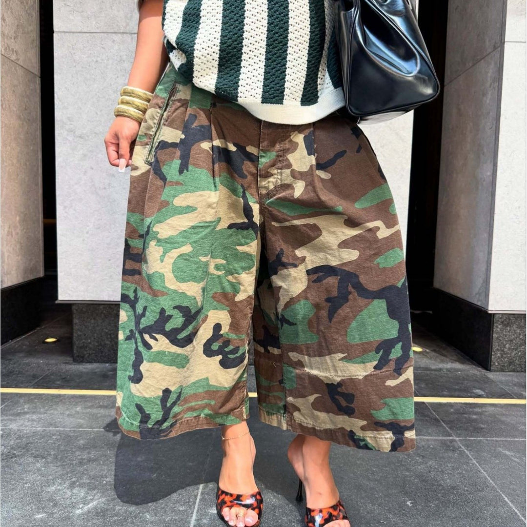 Stylish Camo Knit Wide Leg Cargo Pants for Women with Flap Pocket Utility Western Style