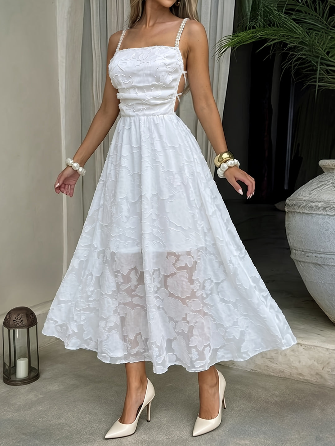 Ellis | Women's White Floral Square Neck Wedding Guest Dress