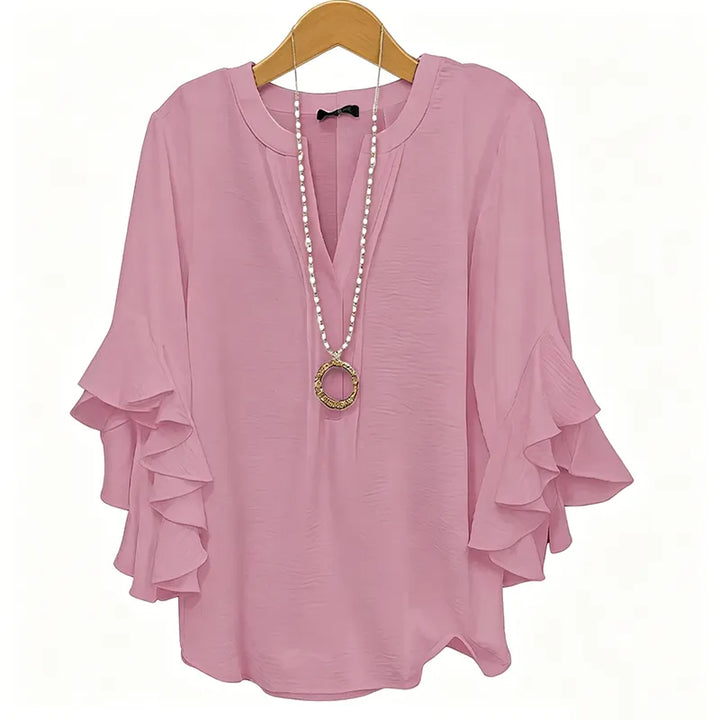 V Neck Ruffle Bell Sleeve Flowy Going Out Tunic Blouse Top