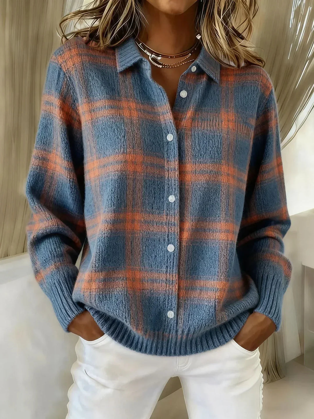 Alodia | Women Plaid Button Knit Cardigan
