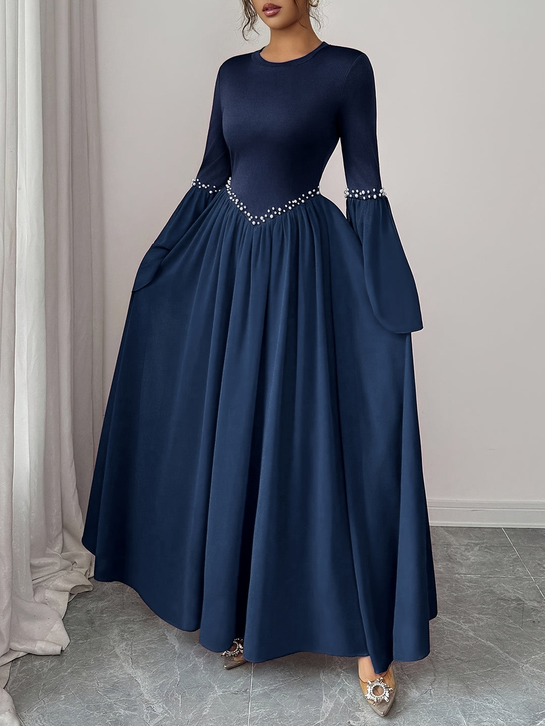 Beaded Round Neck Bell Sleeve A Line Maxi Wedding Guest Dress
