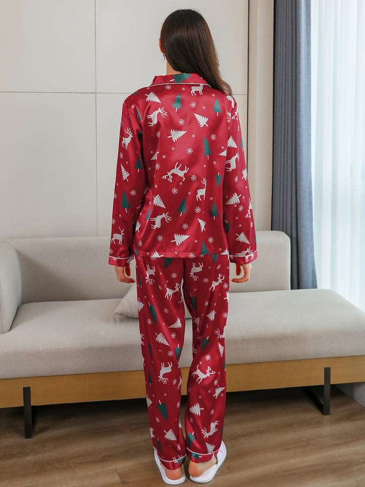 Christmas Pajamas Reindeer Print Satin Button Front Set