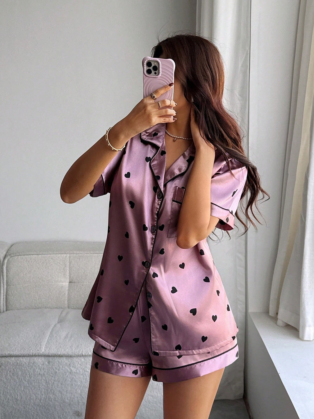 Selene | Women's Pink Satin Casual Sequin Pajama Set