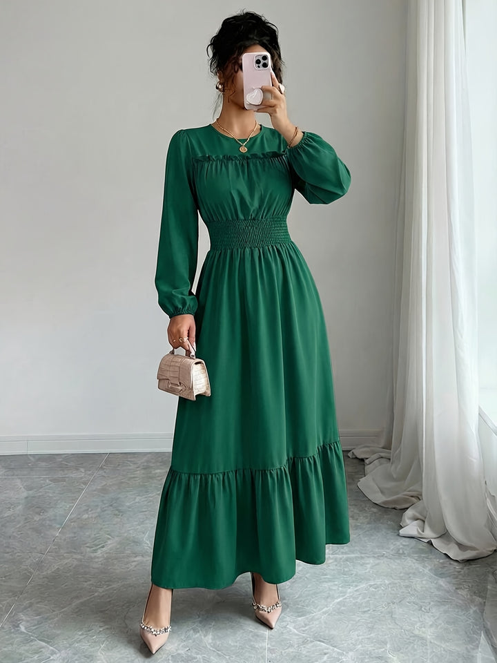 Elegant Red Lace Mother of the Bride Dress for Women with Crew Neck Long Sleeve Smocked Tiered Formal Style