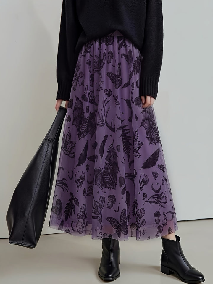 Saffron | Women's Plus Size Halloween Mesh Skull Print Dress
