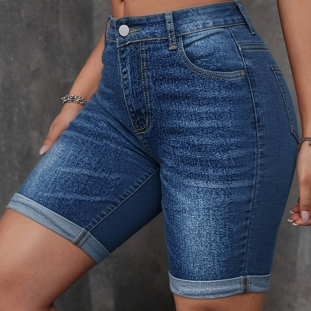 Casual Medium Blue Jean Short for Women with High Waist Cuffed Hem Stretch