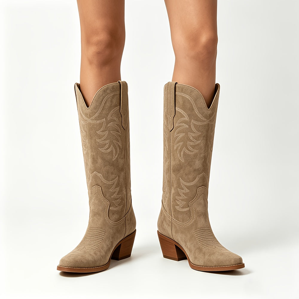 Yael | Women's Brown Knee High Wide Calf Cowboy Boots for Women