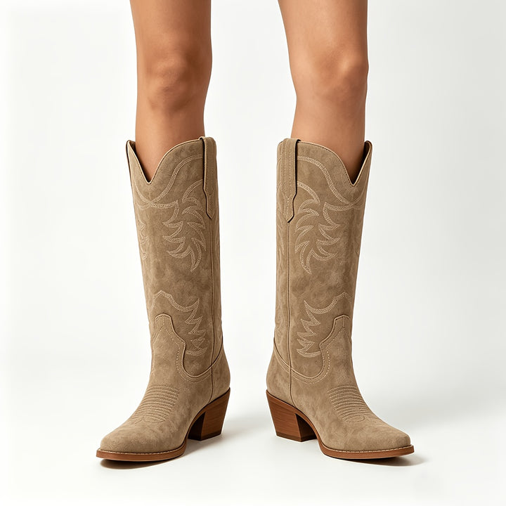 Yael | Women's Brown Knee High Wide Calf Cowboy Boots for Women