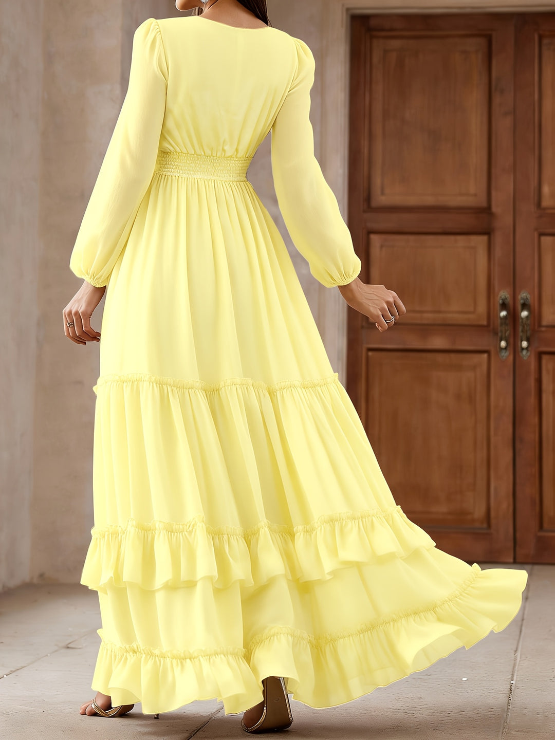 Logan | Women's Chiffon V Neck Long Sleeve Tiered Wedding Guest Dress