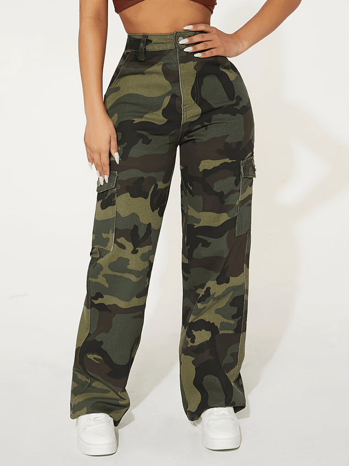 Stylish Camo Denim Cargo Pants for Women with Flowy Work Style