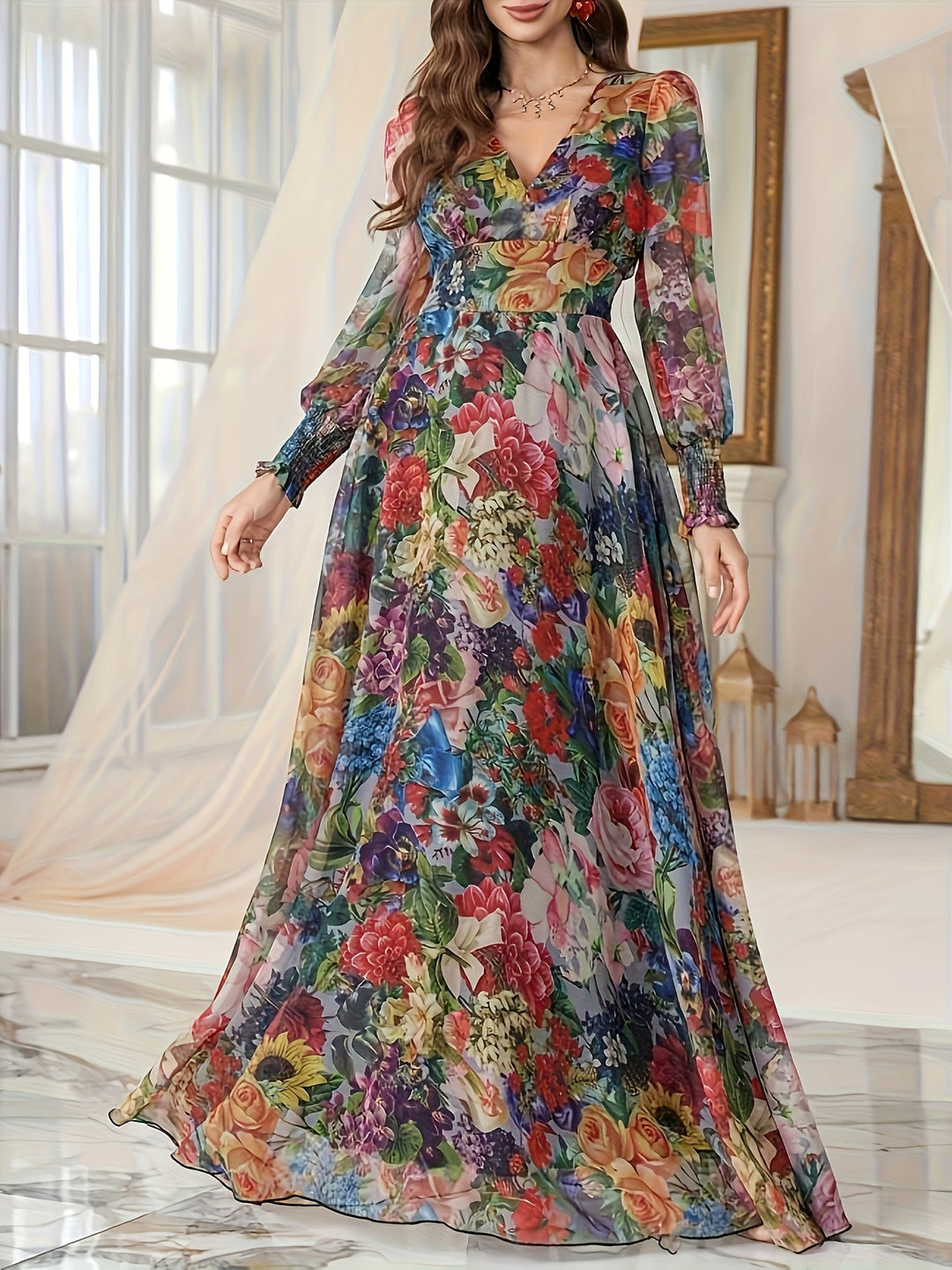 Kailani | Women's Multicolor Floral V Neck Long Sleeve Chiffon Maxi Dress