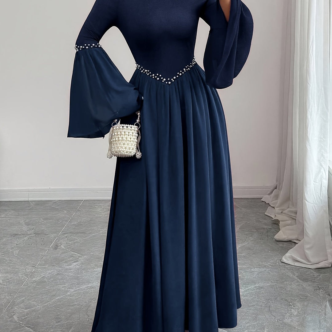 Beaded Round Neck Bell Sleeve A Line Maxi Wedding Guest Dress