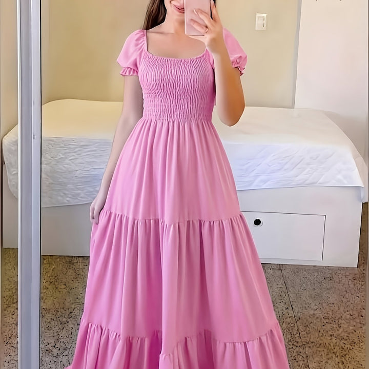 Pilar | Women's Square Neck Short Sleeve Tiered Casual Maxi Smocked Dress