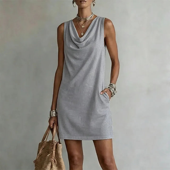 Cowl Neck Sleeveless Pocket Casual Shift Mini Sundress