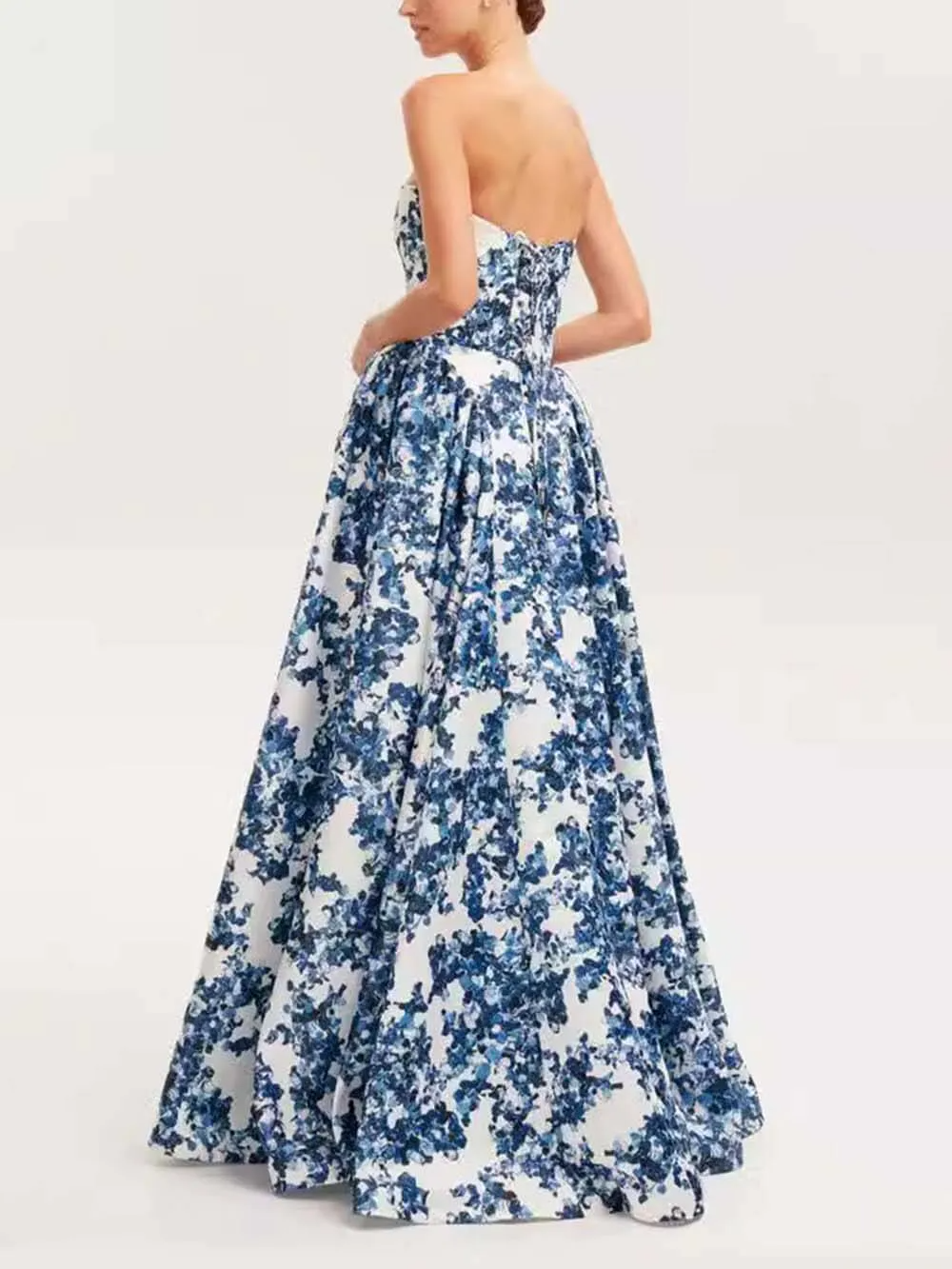 Vivian | Women's Blue Floral Maxi Strapless Lined Evening Gown