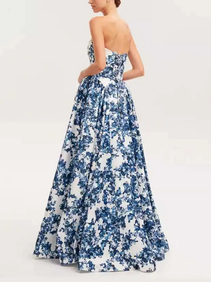 Vivian | Women's Blue Floral Maxi Strapless Lined Evening Gown