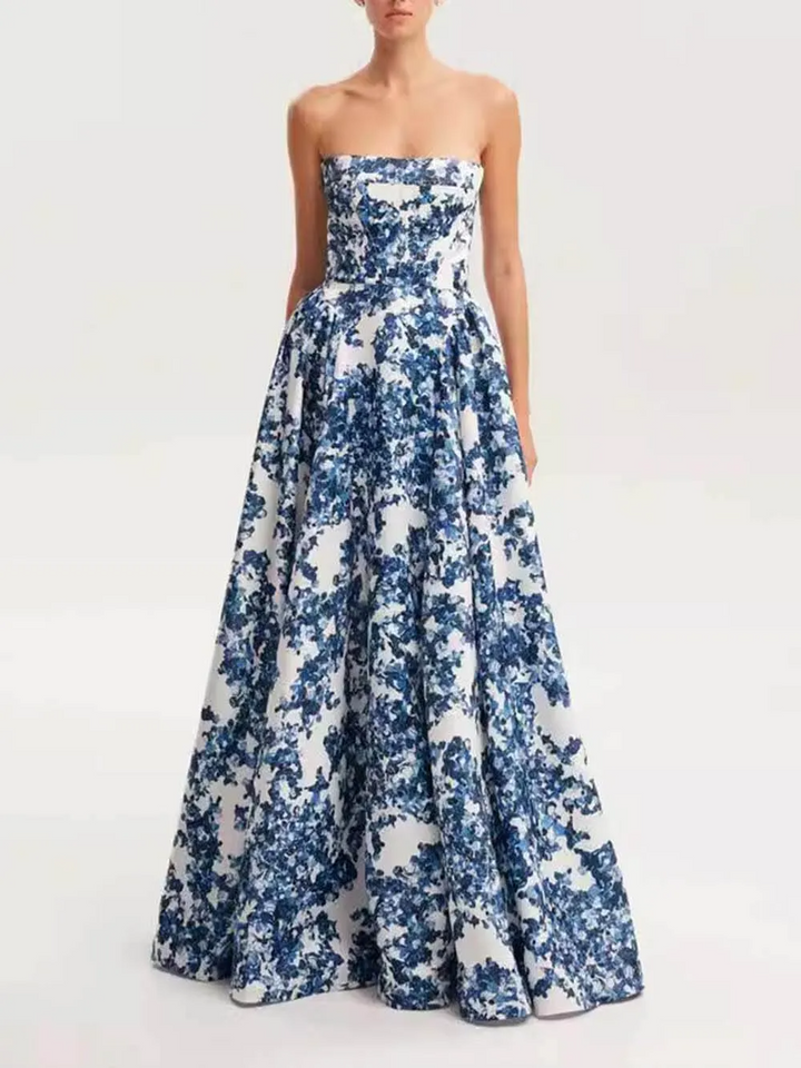 Vivian | Women's Blue Floral Maxi Strapless Lined Evening Gown