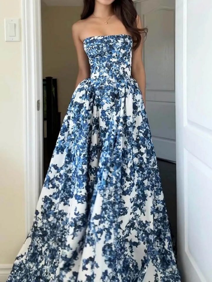 Vivian | Women's Blue Floral Maxi Strapless Lined Evening Gown