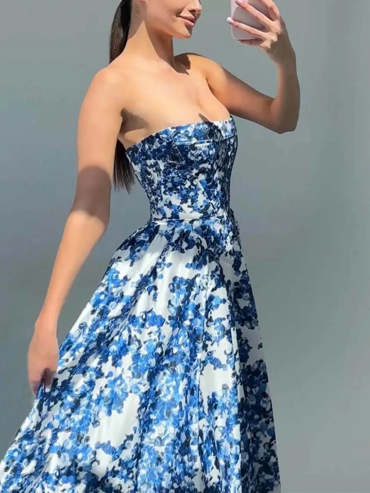 Vivian | Women's Blue Floral Maxi Strapless Lined Evening Gown
