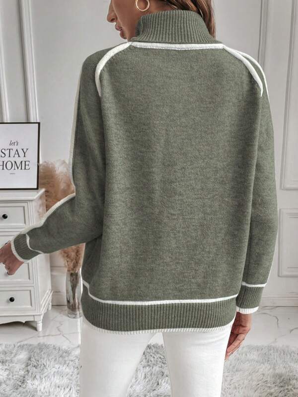 Kensley | Women's Green Contrast Stripe Drop Shoulder Turtleneck Sweater