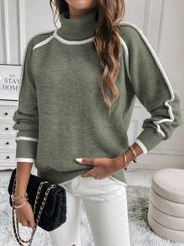 Kensley | Women's Green Contrast Stripe Drop Shoulder Turtleneck Sweater