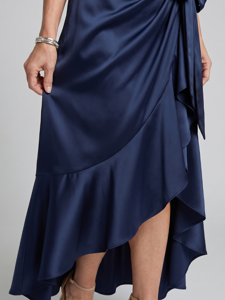 Honora | Women's Navy Blue Satin Halter Wrap Ruffle Midi Dress