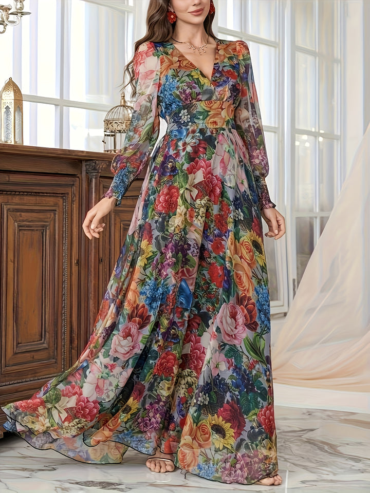 Kailani | Women's Multicolor Floral V Neck Long Sleeve Chiffon Maxi Dress