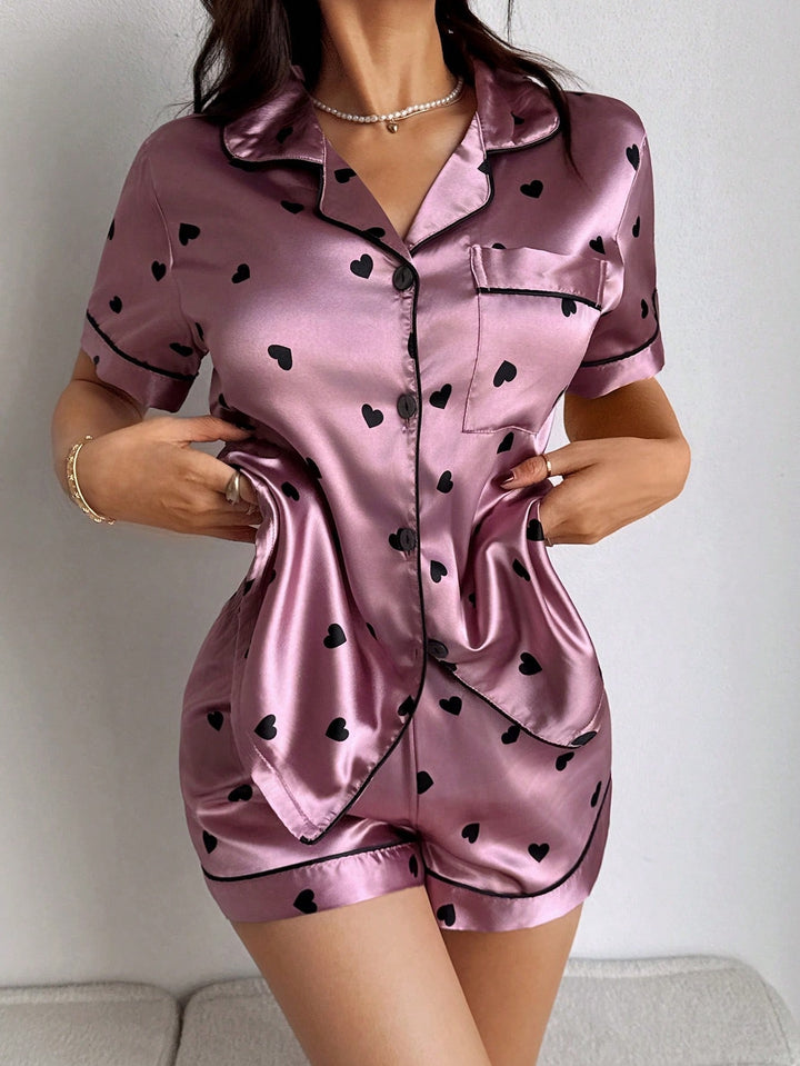 Selene | Women's Pink Satin Casual Sequin Pajama Set