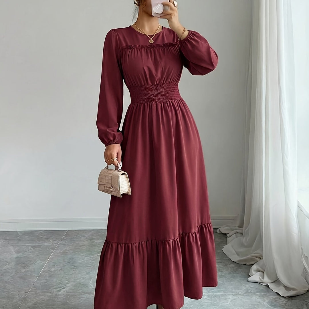 Elegant Red Lace Mother of the Bride Dress for Women with Crew Neck Long Sleeve Smocked Tiered Formal Style
