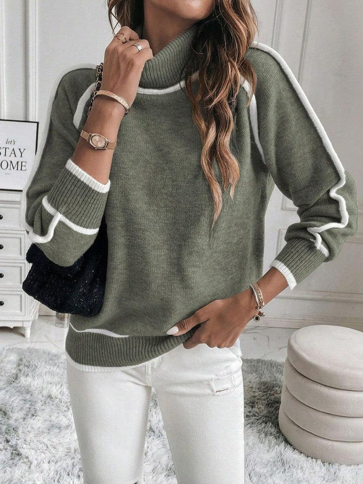 Kensley | Women's Green Contrast Stripe Drop Shoulder Turtleneck Sweater