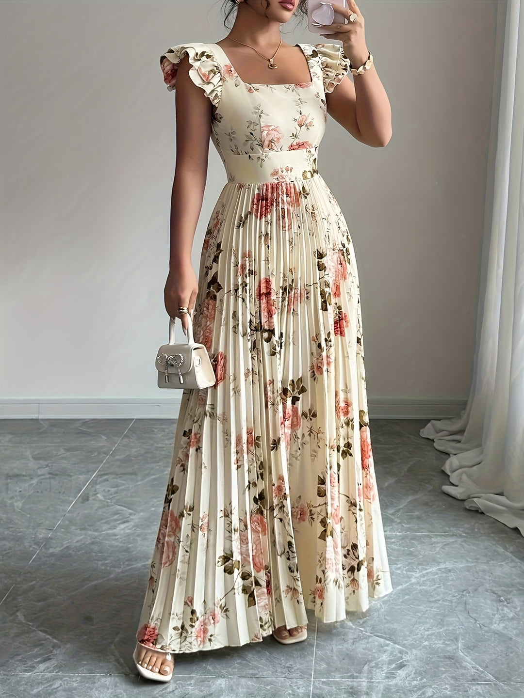Ivory Floral Square Neck Ruffle Sleeve Pleated A Line Maxi Wedding Guest Dress