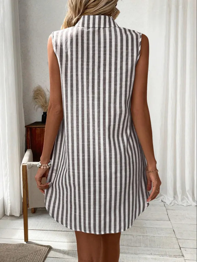 Collared Sleeveless Button Front Striped Casual Shirt Dress Mini Sundress