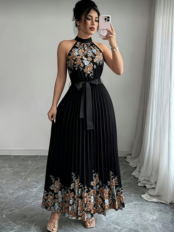 Women's Black Floral Halter Neck Pleated Belted Maxi Wedding Guest Dress