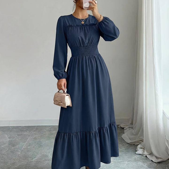 Elegant Red Lace Mother of the Bride Dress for Women with Crew Neck Long Sleeve Smocked Tiered Formal Style