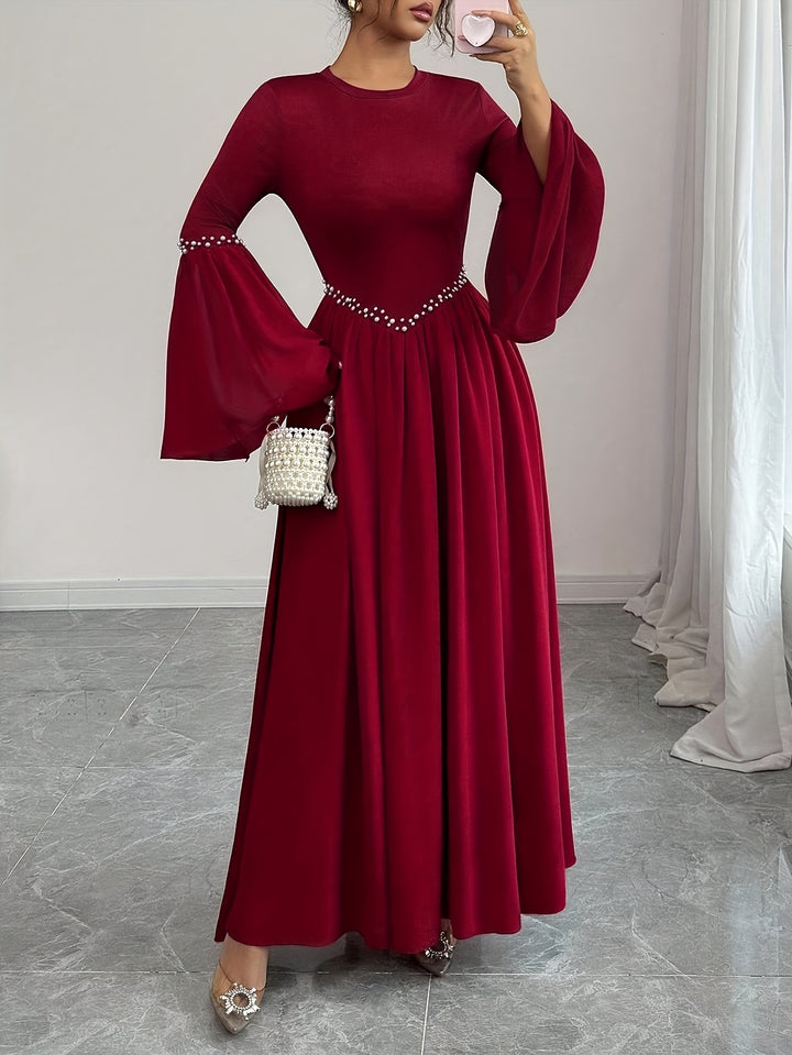 Beaded Round Neck Bell Sleeve A Line Maxi Wedding Guest Dress