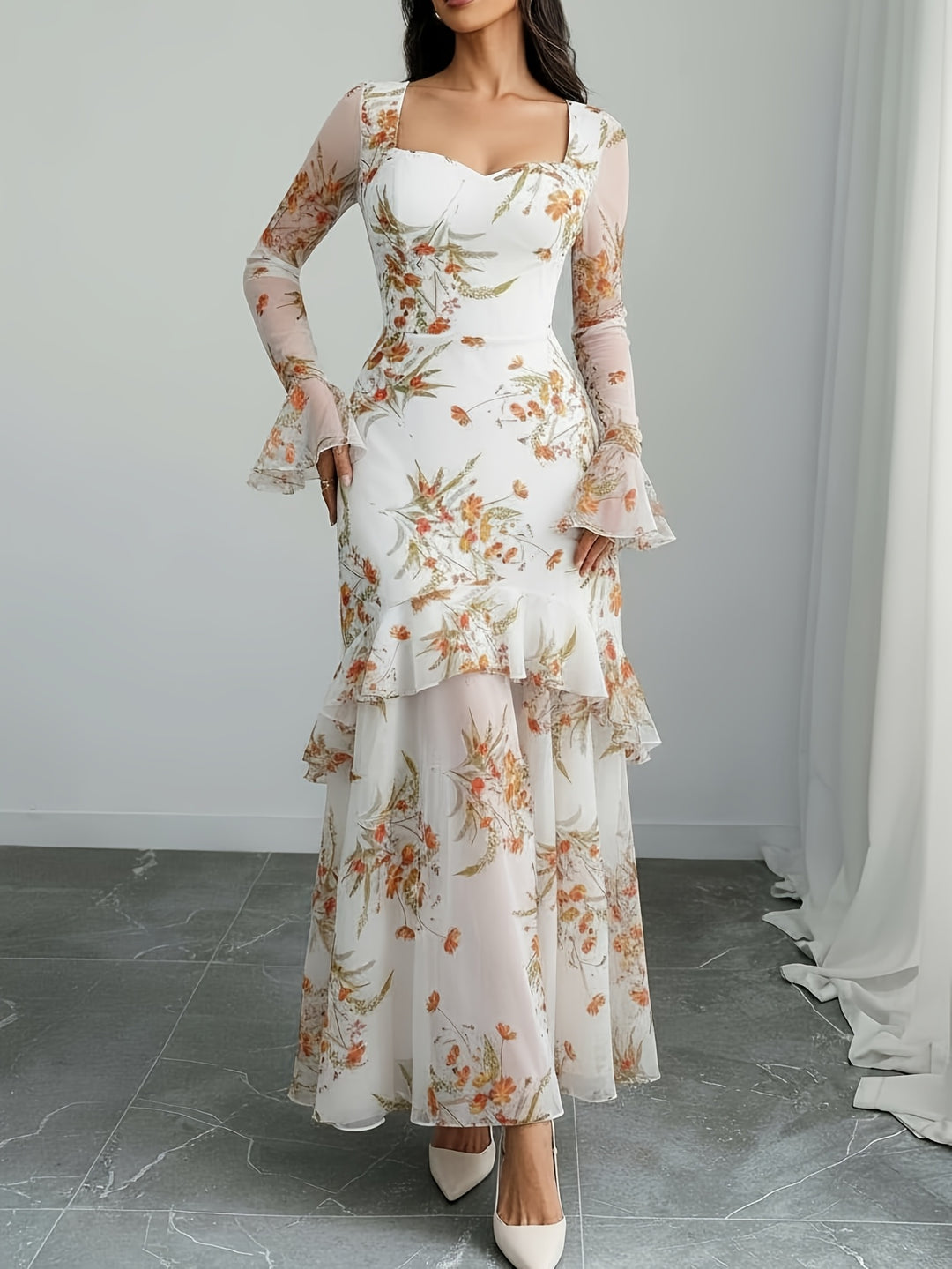 Elegant Black Floral Knit Plus Size Mother of the Bride Dress for Women with Sweetheart Neckline Long Sleeve Wedding Style