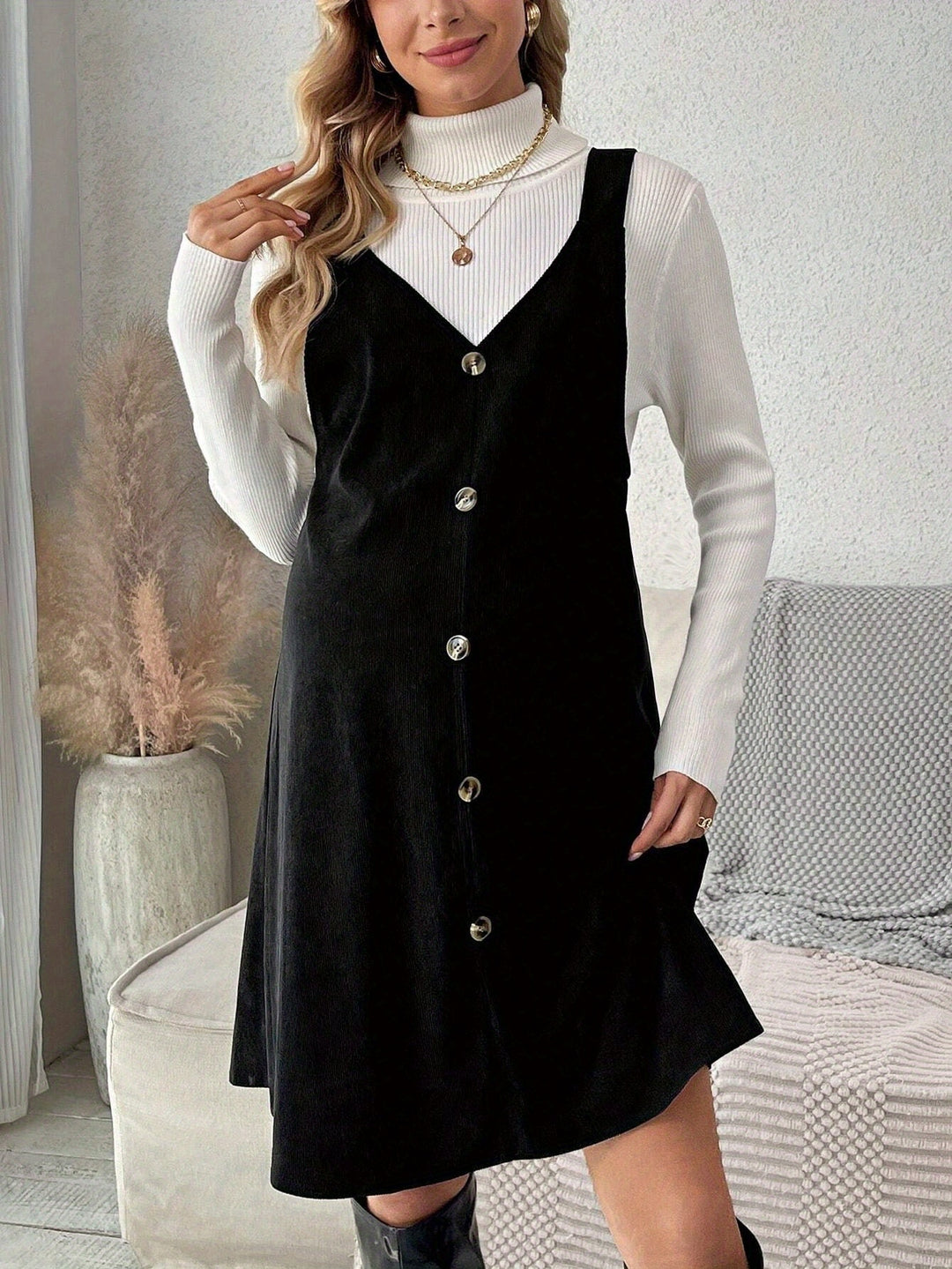 Maggie | Women's Black Corduroy V Neck Sleeveless Button Front Casual Maternity Dress