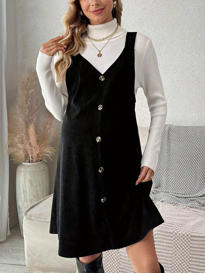 Maggie | Women's Black Corduroy V Neck Sleeveless Button Front Casual Maternity Dress
