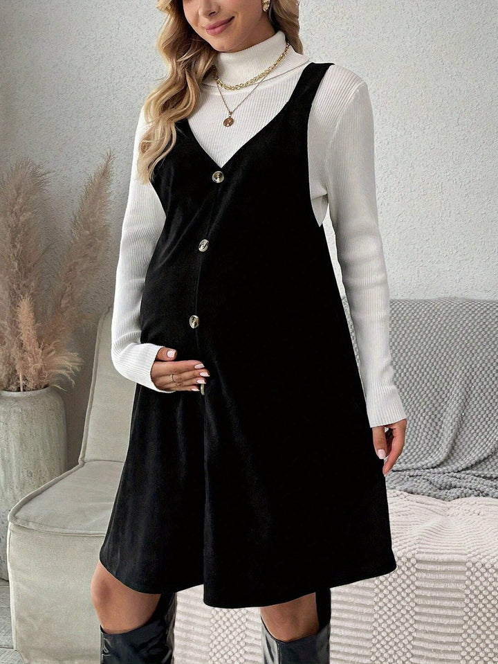 Maggie | Women's Black Corduroy V Neck Sleeveless Button Front Casual Maternity Dress