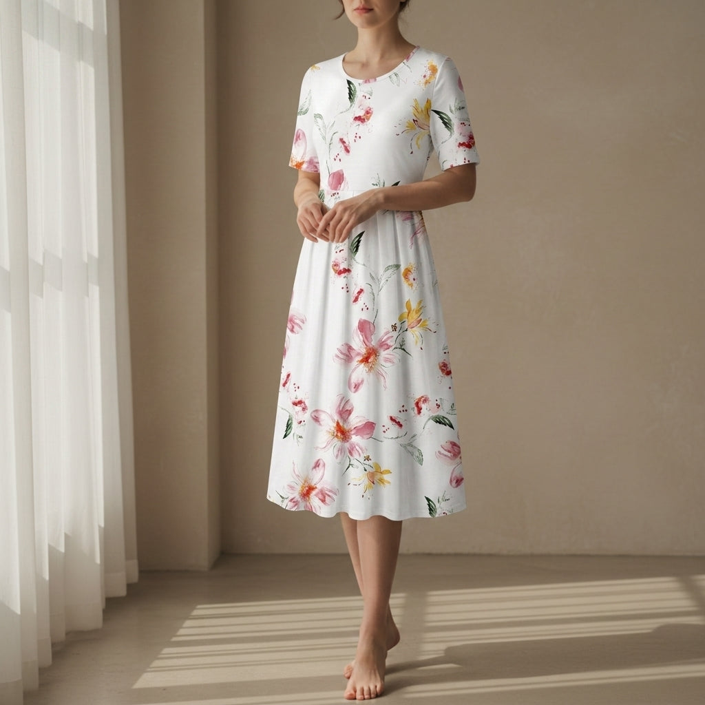 Noelle | Women's Floral Crew Neck Short Sleeve Casual Midi Dress