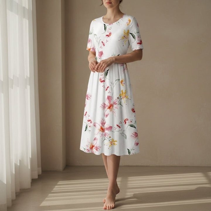 Noelle | Women's Floral Crew Neck Short Sleeve Casual Midi Dress