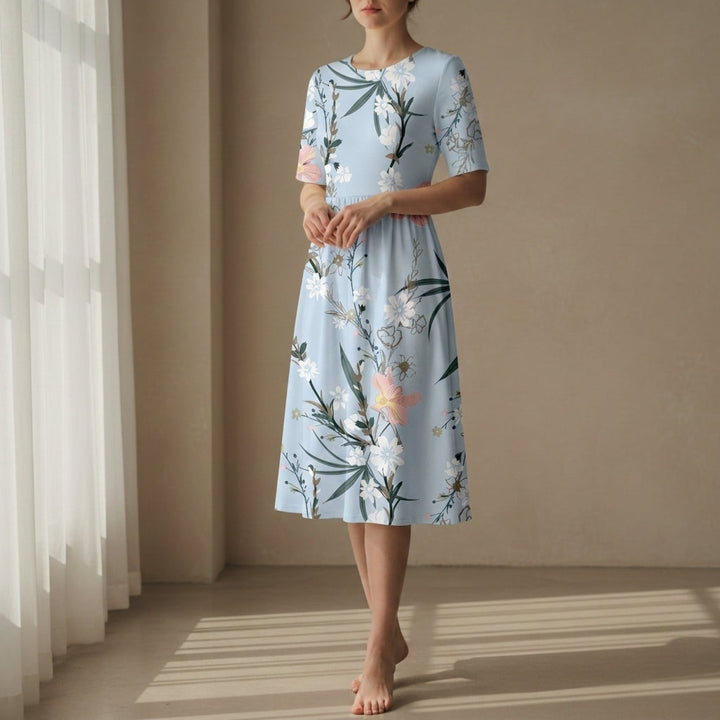 Noelle | Women's Floral Crew Neck Short Sleeve Casual Midi Dress