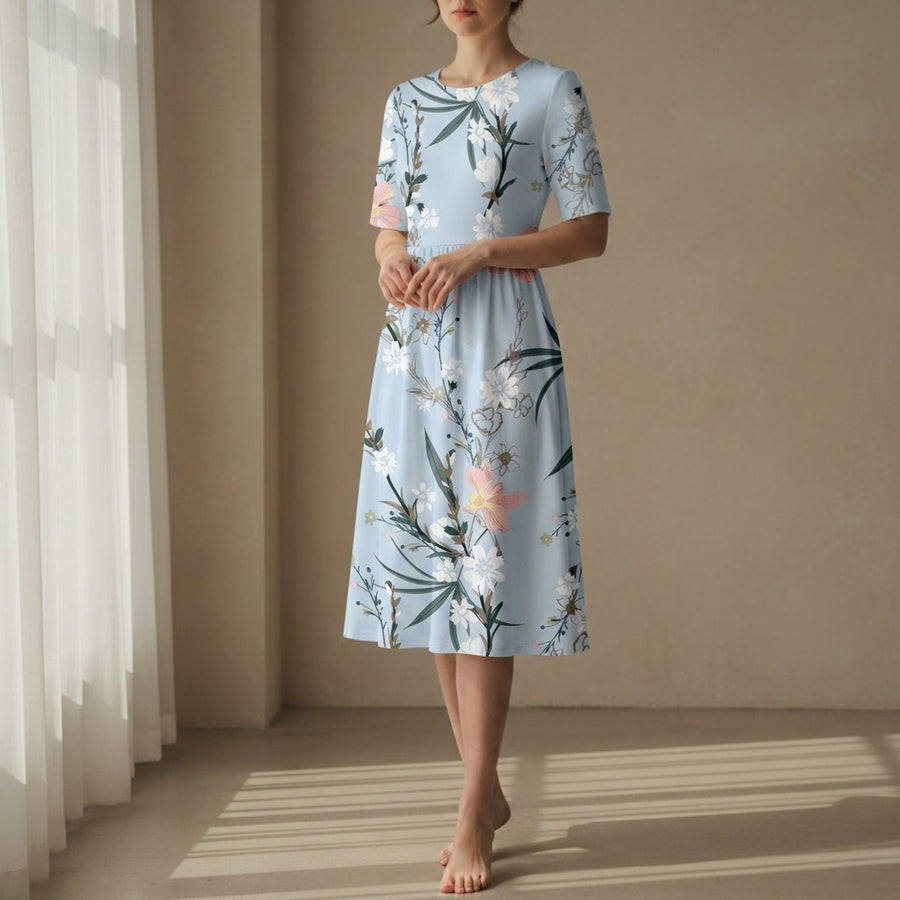Noelle | Women's Floral Crew Neck Short Sleeve Casual Midi Dress