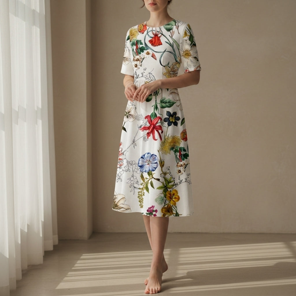 Noelle | Women's Floral Crew Neck Short Sleeve Casual Midi Dress