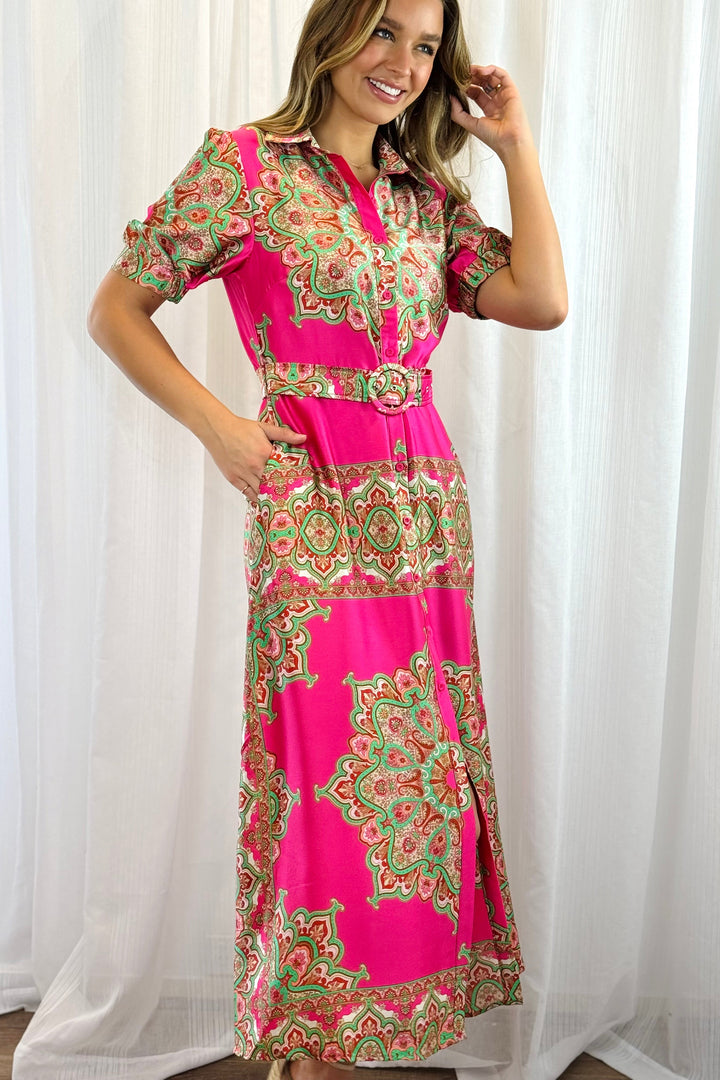 Llinos | Women Paisley Shirt Pink Midi Dress